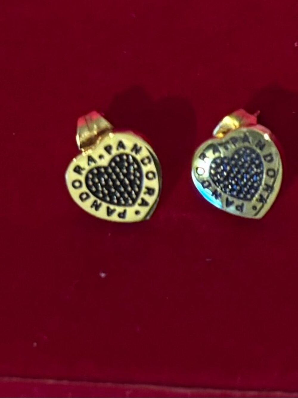 Pandora Gold Tone Pavé Crystal Engraved Signature Heart Stud Earrings